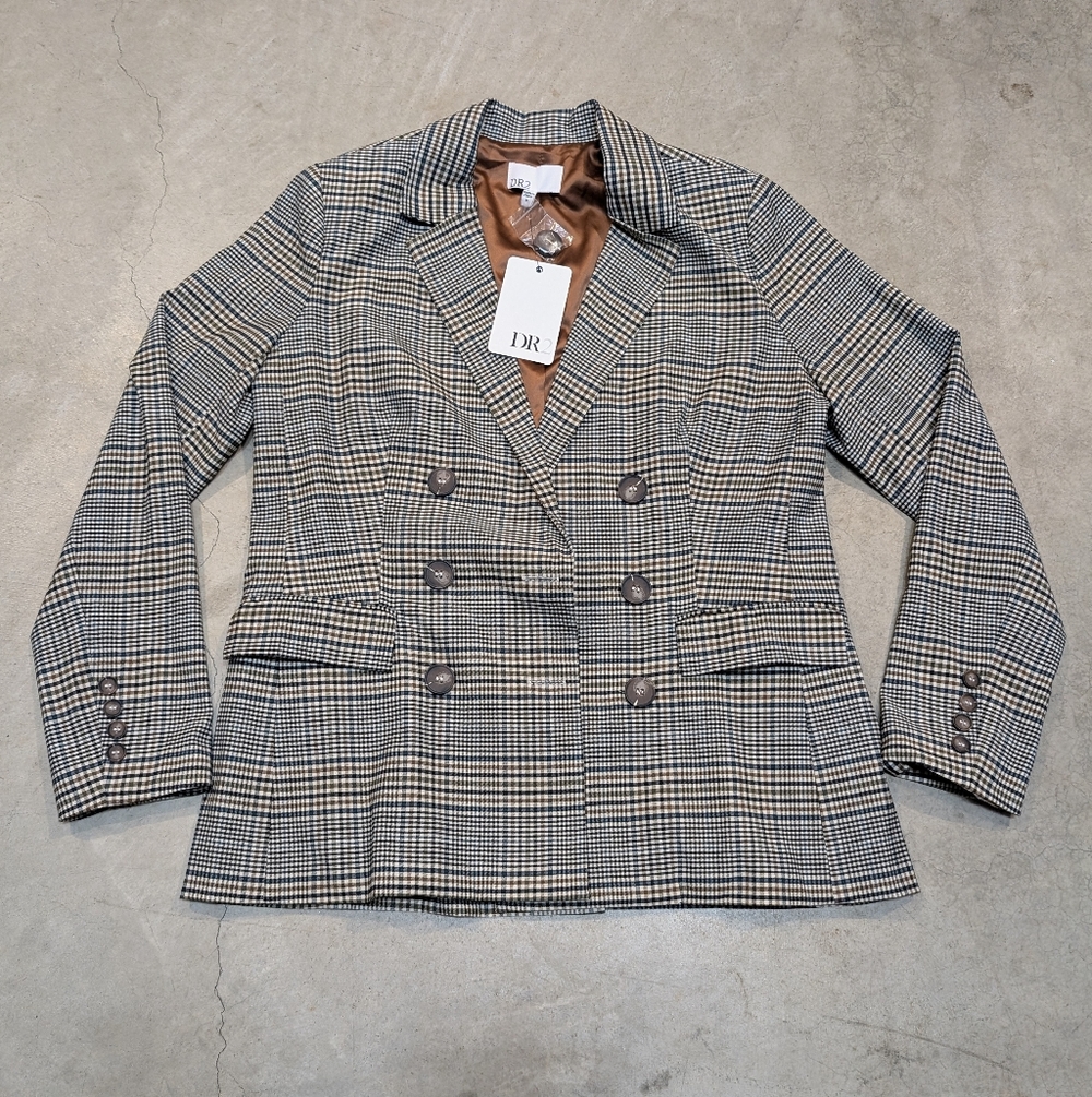 NWT DR2 Women's Checkered Blazer Beige Brown Black Check